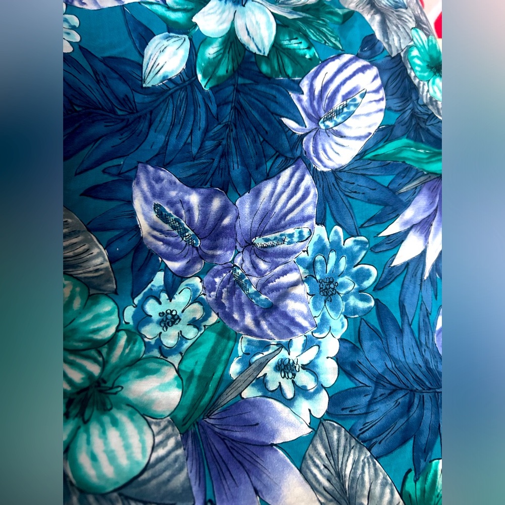 Vintage Alexander Henry Blue White teal Floral Print Hawaii print